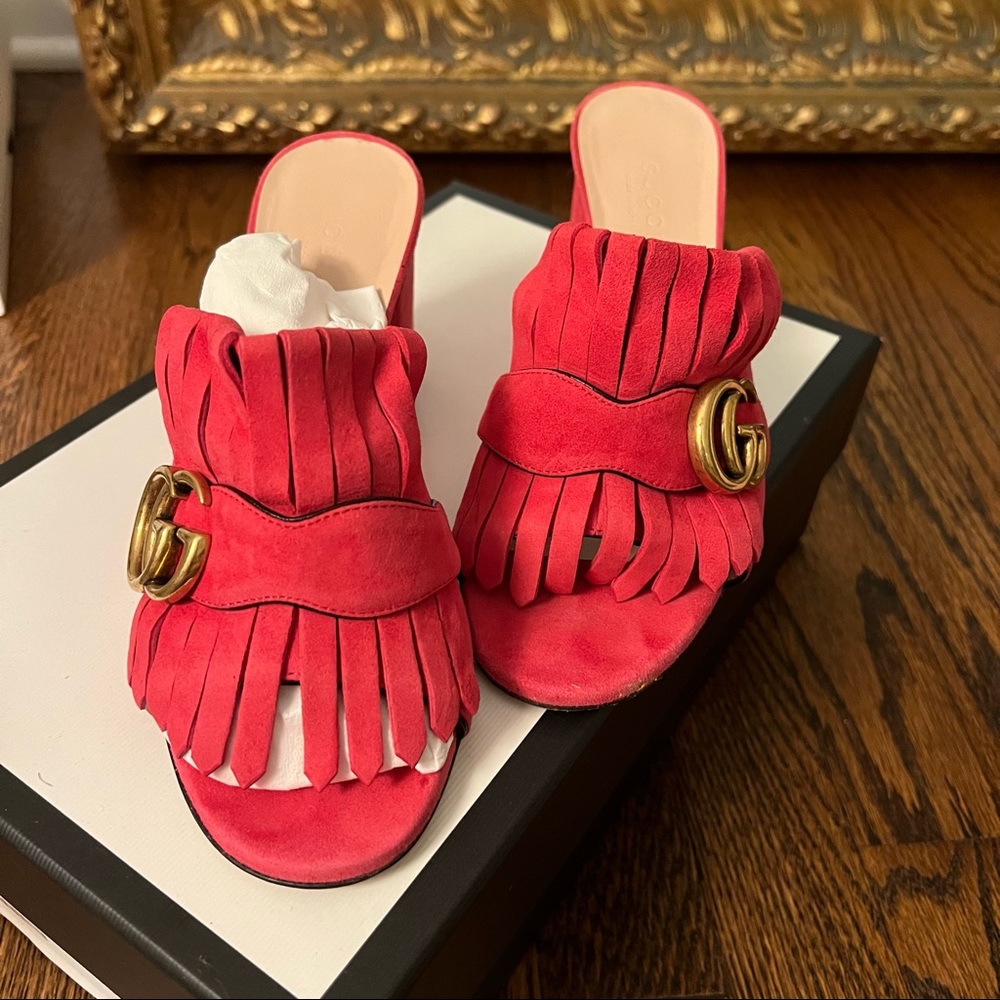 Gucci Marmont Fringed Suede Mules PINK
